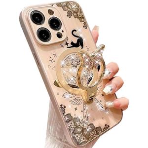 Changjia Magnetic Kickstand Glitter Case for iPhone 16 Pro,[Compatible with Magsafe] Cute Bling Sparkle Diamond Butterfly Ring Stand Cat Lace Elegant Shockproof Women Girls Case for iPhone 16 Pro,Gold