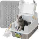 TENTIZON Stainless Steel Cat Litter Box with Lid, Large Covered Enclosed Kitty Litterbox with Hood, Flip Top, High Side, Litter Mat, Scoop for Big Cats, Kitten, No Odor, No Mess, Easy Clean, Grey