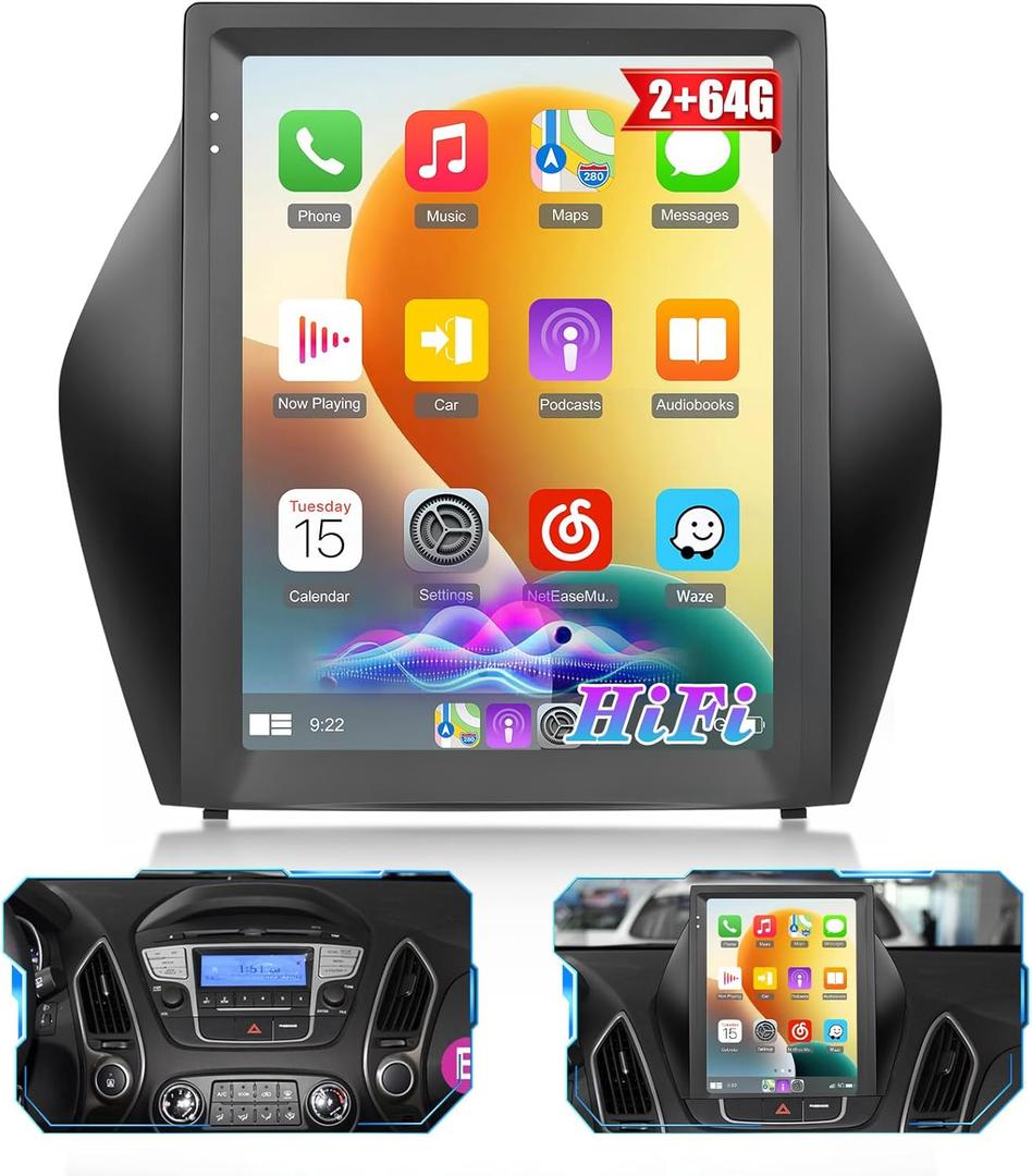 Roinvou 2+64G Android Radio Dash Kit for Hyundai Tucson 2010-2015, 9.7" Touchscreen CarPlay Android Auto with HiFi GPS Navigation Bluetooth WiFi FM RDS Radio Backup Camera