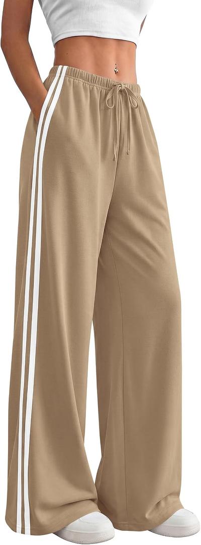 PRETTYGARDEN Womens Wide Leg Sweat Pants Striped Flowy Pants Trousers Khaki (Brown, M)