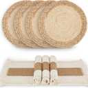 Handmade Boho Placemats Set of 4 - Natural Cotton Burlap and Water Straw Woven Combination Table Mats, Macrame Dcor and Farmhouse Style Placemats, for Dining Table Kitchen