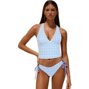 Vintage Gingham Halter Tank Top & Cinched Tie Side Tankini Set (Small, Light Blue)