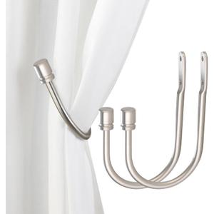 Arnorx 2 PCS Curtain Holdbacks, Metal Decorative Curtain Tiebacks with End Cap Finials, Wall Mounted Window Drapery Holdback Hooks for Livingroom and Bedroom, Matte Brushed Nickel