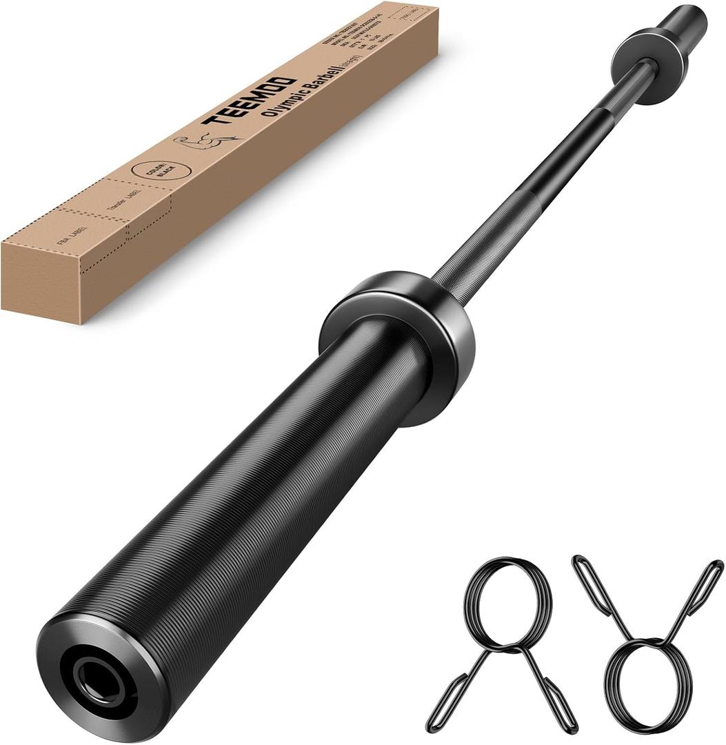 TEEMOO Olympic Barbell Bar, 57" Barbell Bar with 2 Spring Collars, Strength Training bars, Bench Press bar for Weight Lifting, Squat, Hip Thrusts, Biceps, 500lb Weight Capacity, E-Coat Finish for 2 inch Weight Plates (Black)