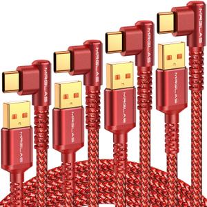 MRGLAS 3.2A USB C Charger Cable,[4-Pack,10+6.6+3.3+1.6FT] USB A to USB C Right Angle Gold-Plated Type C Charger Fast Charging Durable Braided Cord for iPhone 17 16 15 Samsung S10 Note 10 S21 LG-Red