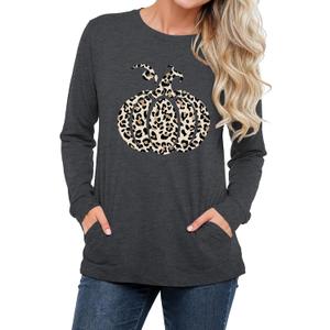 Halloween Shirts Womens Long Sleeve with Pockets, Pumpkin Skull Graphic Tops Fall Fashion Crew Neck T-Shirt Casual (XL)