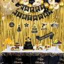 Black & Gold Birthday Decorations Set for Men- Happy Birthday Party Supplies with Banner, Hanging Swirls, Tablecloth, Cake Toppers and Balloons Arch for Graduation Decor
