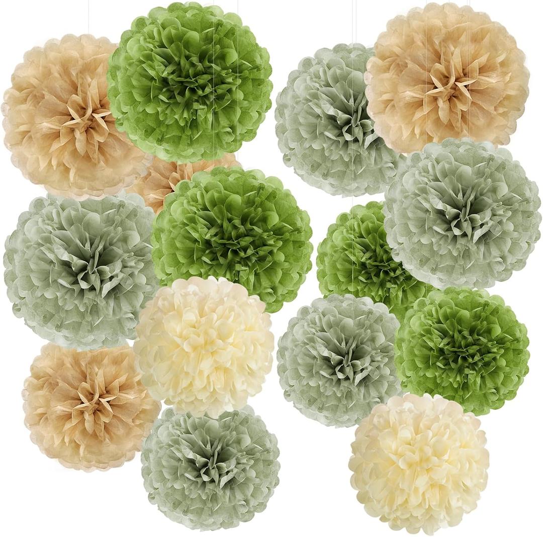 Olive Sage Green Tissue Paper Pom Poms Safari Jungle Party Decorations Paper Flowers Decorations Natural Green Boho Hanging Dcor for Birthday Baby Shower Bridal Wedding Party Supplies
