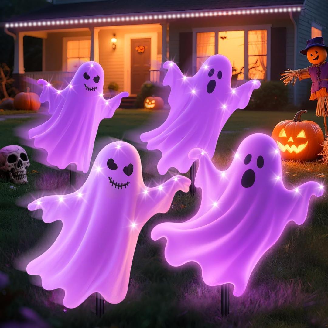 Solar Halloween Lights Outdoor Decorations: 4 Pack 60 LEDs 8 Lighting Modes Scary Ghost Purple Halloween Lights - 2025 Upgrade Spooky Ghost for Outside Party Yard Garden Graveyard Nightmare Decor