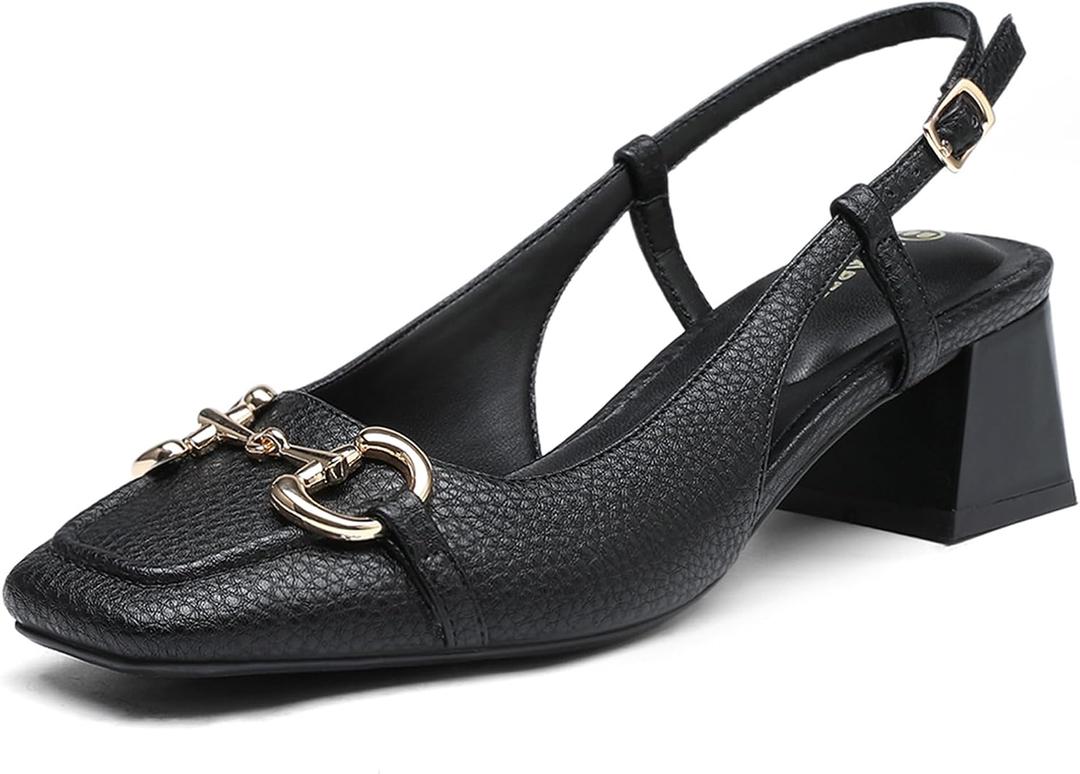 NEWBELLA Women's Closed Toe Chunky Heel Sandals - Ankle Strap Slingback Sandals with Pull-Up Buckle for Business & Daily Wear