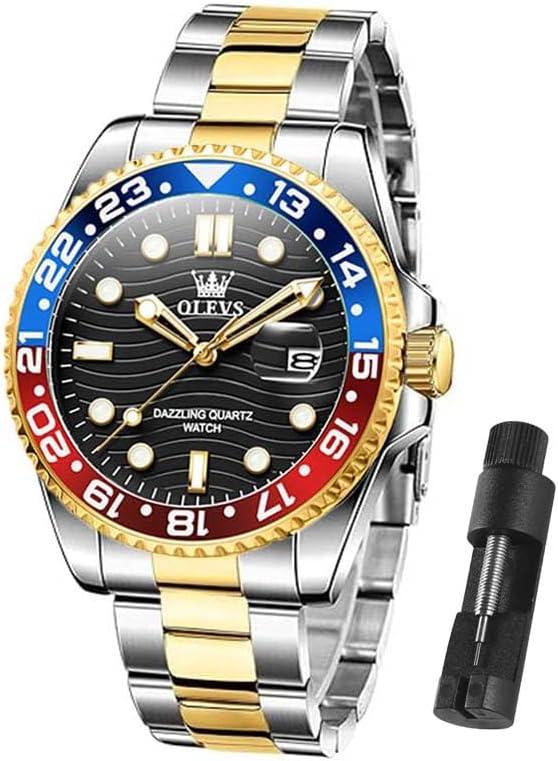 OLEVS Watch Men Luxury Big Face Dress Easy Read Mens Watches with Date Waterproof Luminous Stainless Steel Watches for Men Business Fashion Analog Quartz Men's Wrist Watches Rotatable Bezel Men Watch (G3610-Gold and Black)