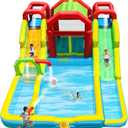 WELLFUNTIME Inflatable Water Double Slides Park with Blower, Shade Tent Bounce House with 2 Climbing Walls, 3 Water Pools, 226x168x98 Inch