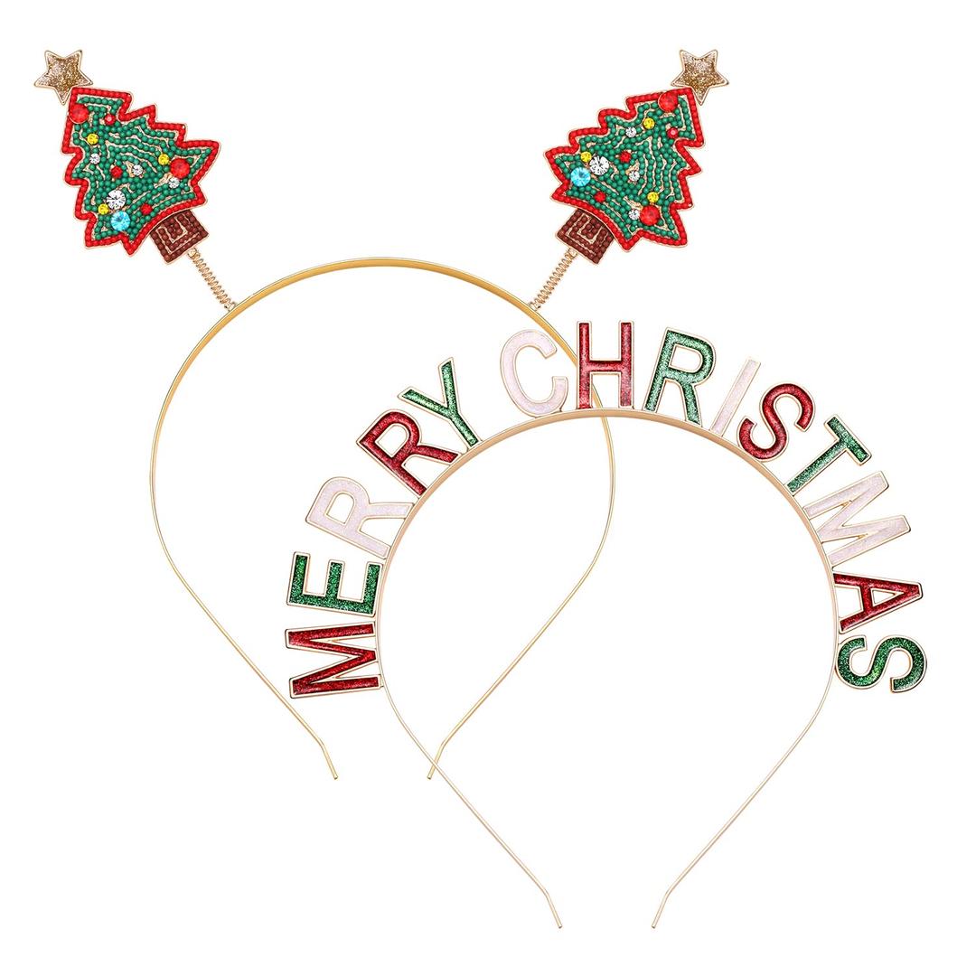 boderier Christmas Headbands for Women Beaded Christmas Tree Headband Glitter MERRY CHRISTMASS Tiara Headband Xmas Festive Party Hair Accessories Gifts