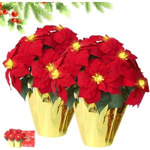 2 Pack Large Outdoor 18" Pre-Lit Christmas Decorations Flower LED Lighted Artificial Poinsettia Plants - Faux Poinsettia Flowers in Pot with Lights for Outdoor Use (Red,18inch)