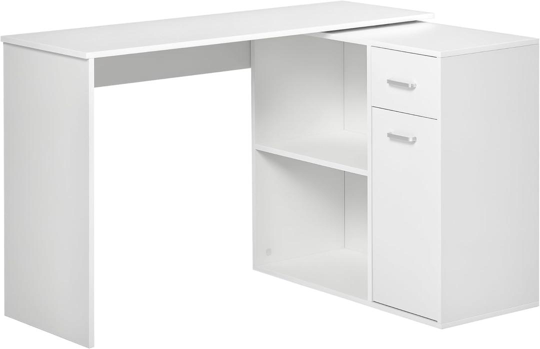 HOMCOM L Shaped Computer Desk, 180 Rotating Corner Desk with Storage Shelves, Drawer and Cabinet, Study Workstation for Home Office, 47.25"x19.75"x 53.75", White