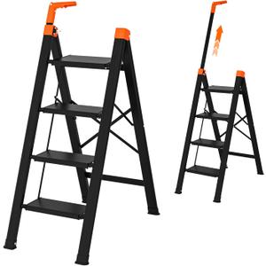 4 Step Ladder with Single-Handrail,Lightweight Aluminum 4 Step Ladder,600lbs Max Load Heavy Duty Step Stool for Kitchen,Home,Office Orange, 4 steps