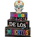 Lineshading 4 Pcs Day of The Dead Table Decorations Day of The Dead Centerpiece for Table Dia De Los Muertos Tiered Tray Decor Wood Sugar Skull Block Signs for Halloween Party Home Shelf Decoration