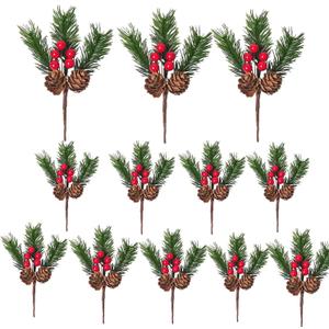 12Packs Christmas Floral Picks, Pine Cone Holly Berry Stems for Crafts, Pine Needles Branches with Stems Artificial Christmas Picks Red Berry for Home Decor, Garland, Wreath