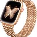 fastgo Beaded Bracelet Band Compatible with Apple Watch Band 41mm/40mm/38mm/44mm/45mm/42mm/49mm Women, Dressy Beaded Strap for Iwatch (Rose Gold)
