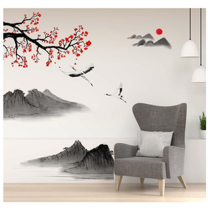 Japanese Style Landscape Painting Wall Stickers - Cherry Blossom Wall Decals - Bedroom Living Room Sofa TV Background Home Wall Décor