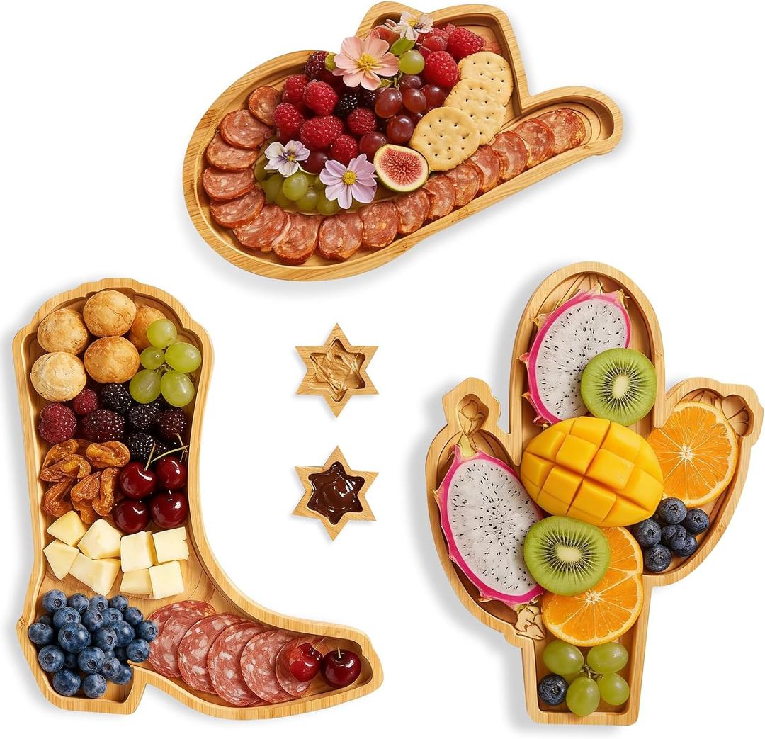 5 Pcs Cowboy Charcuterie Boards with Dipping Saucers Western Party Serving Trays Cowboy Hat Cowgirl Boot Bamboo Platter Cactus Cheese Board for Western Cowgirl Birthday Gifts Party Decorations