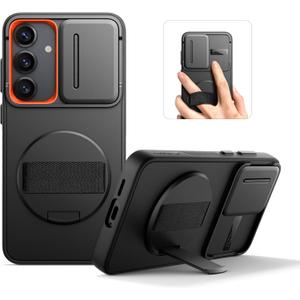 SURITCH for Samsung Galaxy S25 Case with 360 Rotatable Hand Strap Phone Grip & Invisible Kickstand & Slide Camera Cover, Rugged Shockproof Protective Cover for S25 -Black