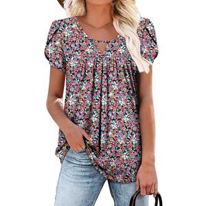onlypuff Summer Tops for Womens Short Sleeve Blouses Loose Fit Pleated T Shirts PinkYellow Flower M