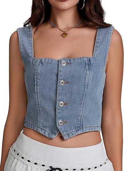 Springcmy Womens Denim Vest Sleeveless Square Neck Button Down Jean Waistcoat Jacket Y2K Summer Bustier Crop Tops Streetwear, Medium, B-Blue