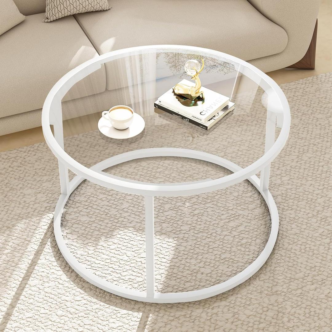 Round Glass Coffee Table for Living Room,Minimalist Modern Center Table with Metal Frame for Small Space,Easy Assembly,27 x 27In, White, Round-27.3in