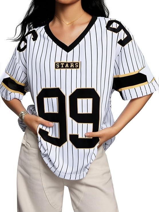 MYHALF Oversized Jersey Shirts for Women Cute Number Graphic Tshirt V Neck Streetwear Casual Y2k Short Sleeve Tee Tops Stripes Black XXL