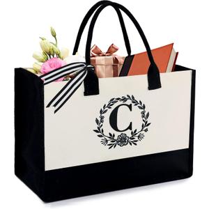BeeGreen Gift Basket Monogram Initial Canvas Tote Bag with Pocket Embroidery Personalized Tote for Mom Teacher Friend (Natural With Black)