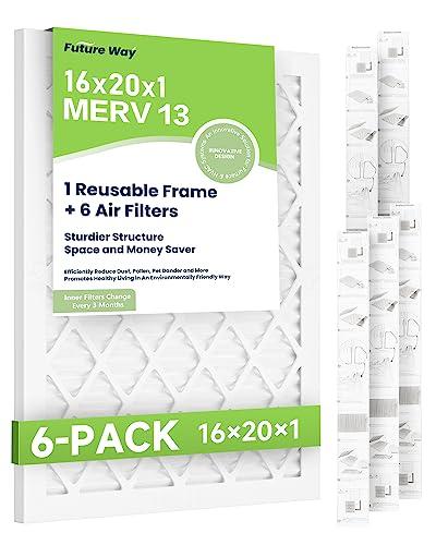 Future Way 16x20x1 Air Filters, 6-Pack with Reusable Frame, MERV 13, MPR 1900 AC Furnace Filters, Space Saving & Cost-effective