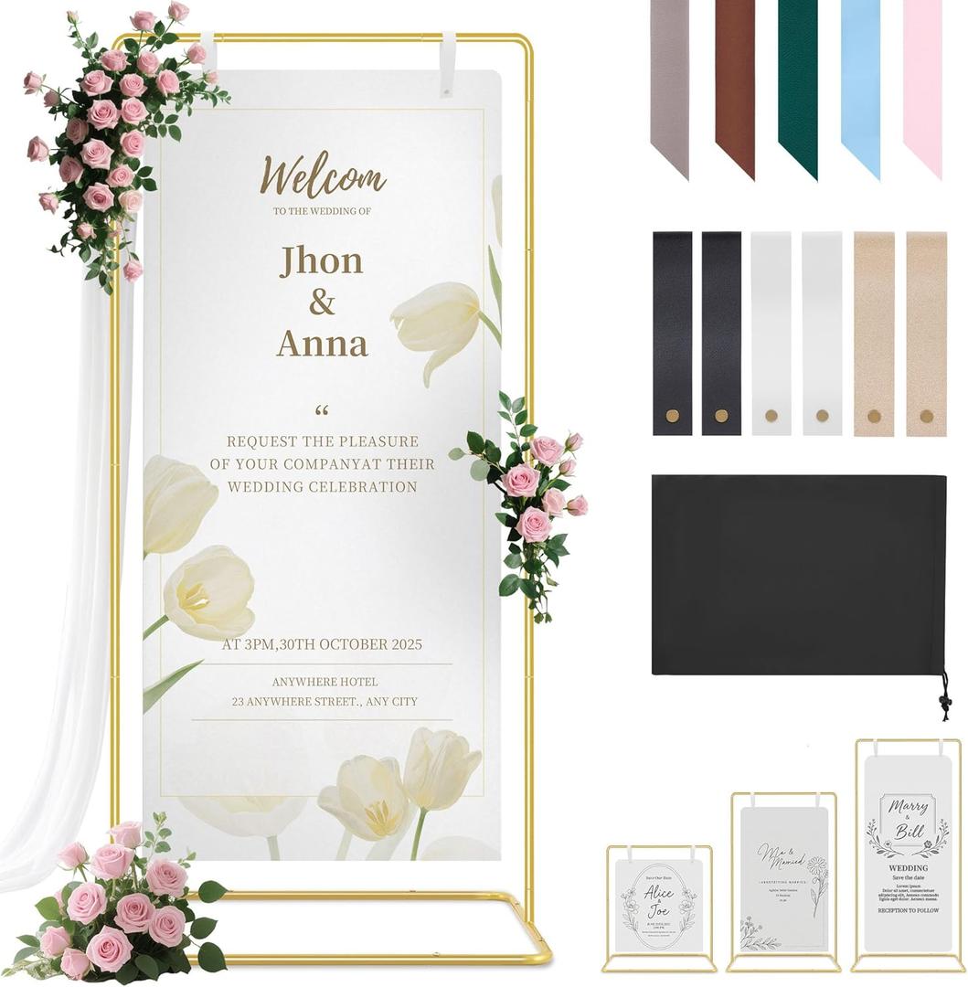 Wedding Welcome Sign Stand Holder - Adjustable Easel for Wedding Signs Stand & Seating Charts, Metal Easel Stand for Sign Reception Display, Gold Welcome Hanging Sign Holder for Party, Events