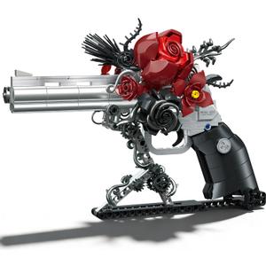 Red Rose Petal Flower Gun Building Blocks,Compatible with Lego Revolver, Creative Mechanical Pistol Model, DIY Collectible Desk Decor Display Valentine's Day Gift for Adults and Teens