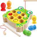 NAODONGLI Magnetic Wooden Fishing Game Toys for Toddlers,Wooden Frog Magnets Fishing Learning Color Sorting Puzzle Montessori Preschool Educational Fine Motor Skills for 3 4 5 Years Old Boys Girls