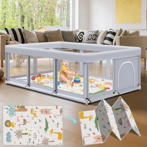 Fshibila 74"x50" Large Baby Playpen, Baby Playard for Babies and Toddlers, Play Pens for Indoor & Outdoor, Sturdy Safety Play Yard with Soft Breathable Mesh, Anti-Fall, Grey (with MAT)