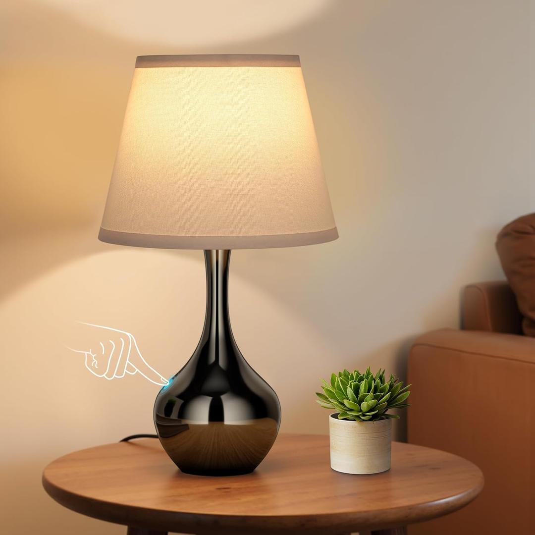 Seealle Touch Table Lamp for Bedroom, 3-Way Dimmable Small Bedside Lamps for Night Stands with Wires, Pearl-Black Desk Lamp for Kids Room, Office, Living Room, End Table(LED Bulb Included)