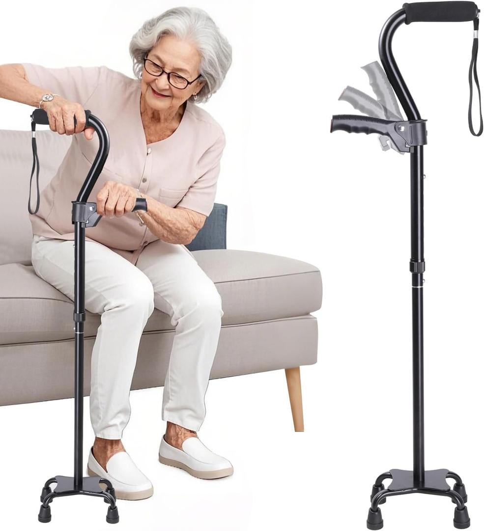 Adjustable Walking Cane for Men & Women  4-Pronged Base for Stability (Black)