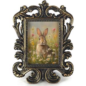 Easter Bunny Rabbit Small Picture Frame,Vintage Wildflower Mini Ornate Photo Frame for TableTop Desk Decor, Rustic Spring Baroque Art Prints Decorations Gifts for Bedroom 1.7x2.5in Photo