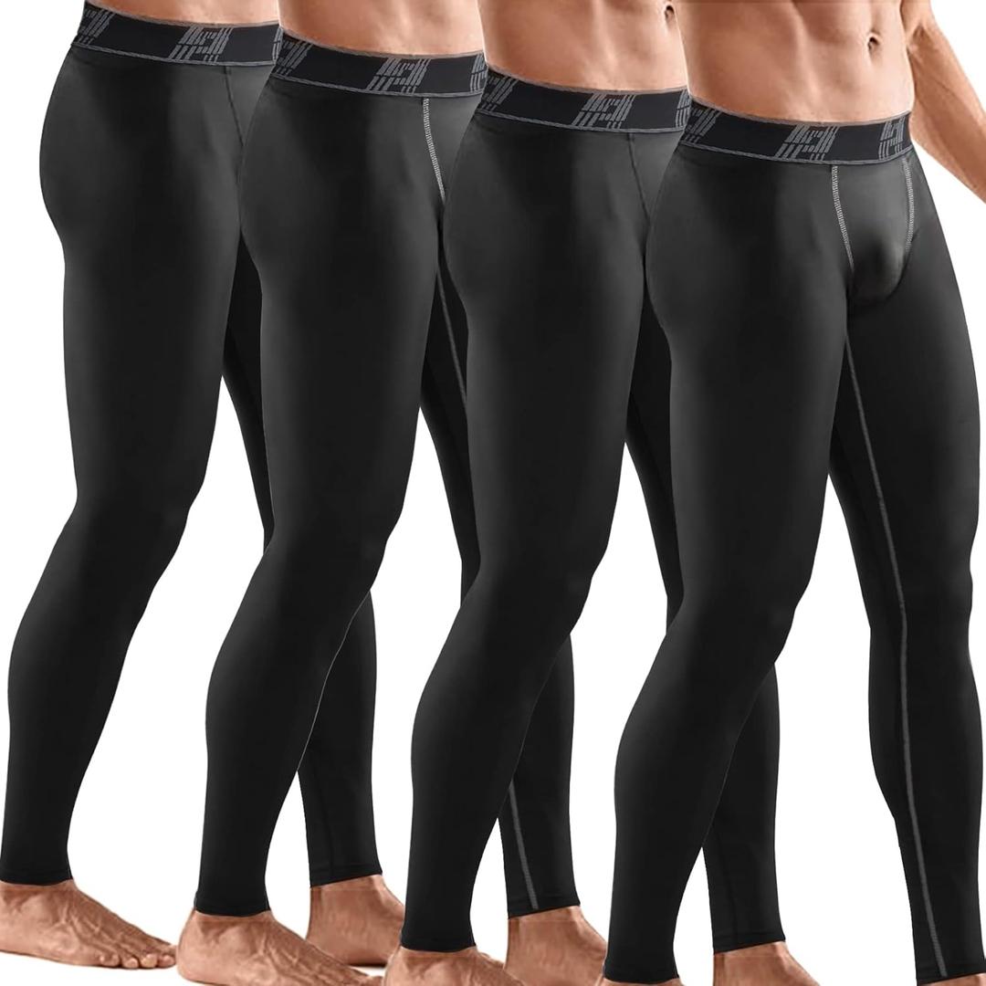 HOPLYNN 4 Pack Compression Pants Tights Leggings Men, Winter Baselayer for Running Workout Sports Yoga (Small, 2 Black + 2 Black ( Gray Line))