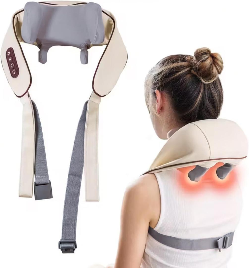 Shoulder Massager, Portable Rechargeable 6D Shiatsu Neck and Shoulder Massager with Heat, Deep Tissue Back Massager for Pain Relief & Relaxation (Ivory White)