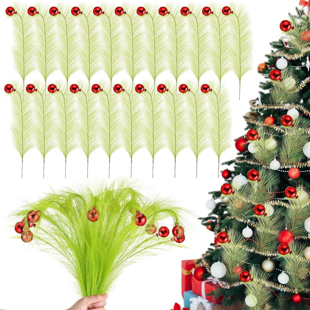 Norme 24 Pcs 18" Lime Green Curly Tree Picks Christmas Stems Picks Stems Christmas Tree Topper for Xmas Wreath, Garland, Vase Fillers, DIY Craft Decor Home Decoration(Mirrored Red Ball)