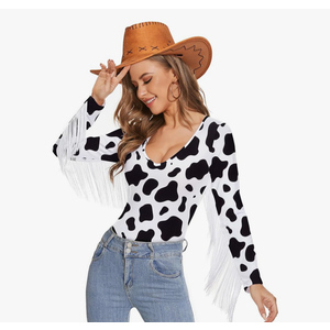 American Trends Women's Fringe Trim V Neck Long Sleeve Bodysuit Top Body Suit Concert Cowgirl Disco Outfits Leotard Jumpsuit 2XL