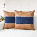 CaliTime Throw Pillow Covers Pack of 2 Soft Faux Leather Solid Dyed Chenille Cushion Cases for Couch Sofa Home Decoration 20 X 20 Inches Navy Blue Brown