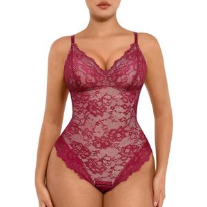 FeelinGirl Shapewear Bodysuits for Women Lace Shapewear Tummy Control V-Neck Sleeveless Bodysuit Tops Jumpsuit (3X-Large, Dark Red)