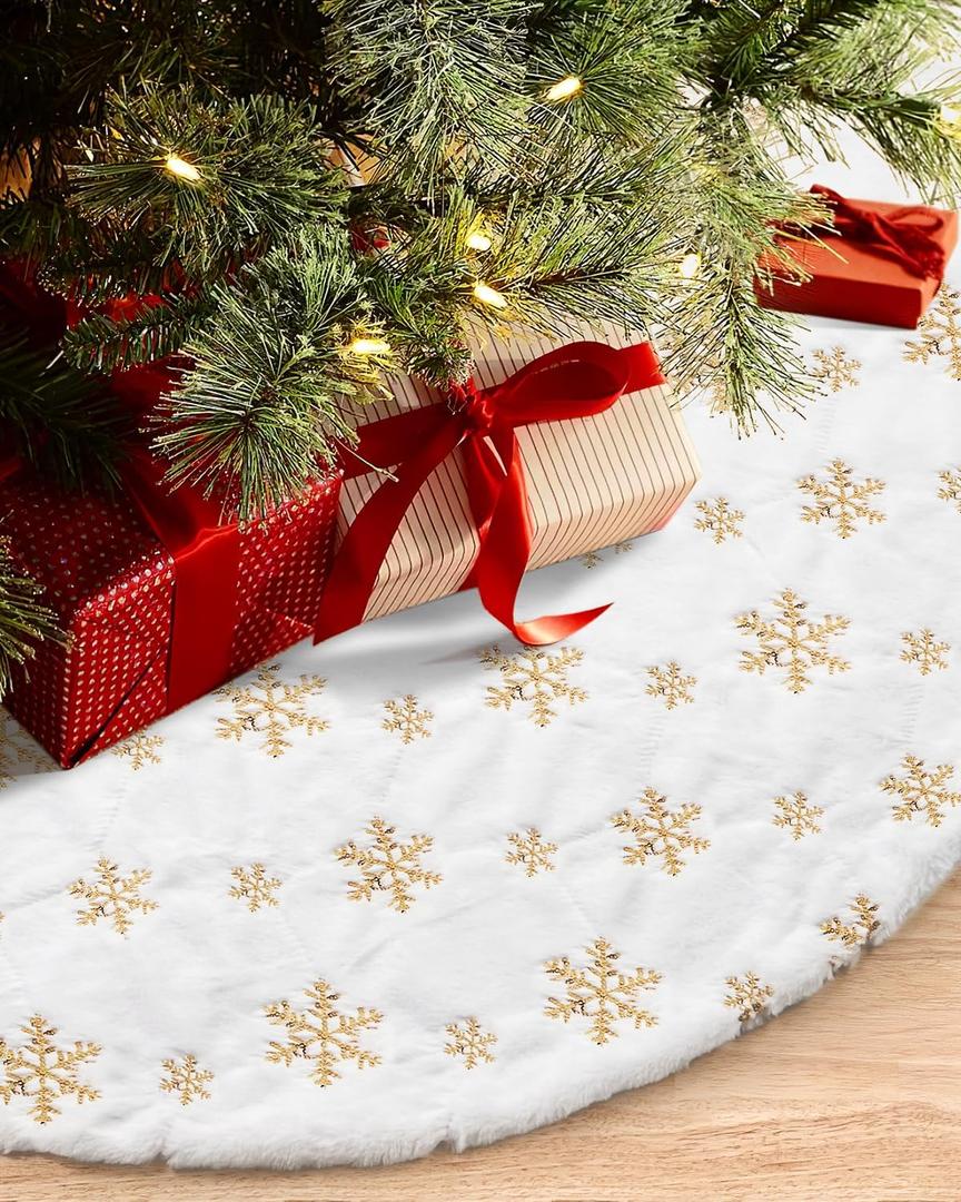 COOLWUFAN 36 Inches Faux Fur Christmas Tree Skirt for Xmas Tree Holiday Party Decoration White Plush Gold Sequin Snowflake (Gold)
