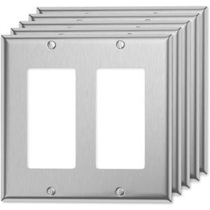 2 Gang Decorator Outlet Covers Double Switch Plate Metal Rocker Wall Plate, Stainless Steel Receptacle Outlet Covers for Light Switches, Dimmers, GFCI, Receptacle, USB Outlet, 5-Pack