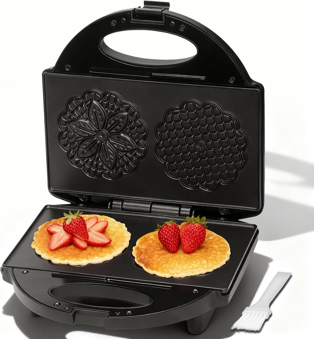 Pizzelle Maker with Non-Stick Coating, Electric Pizzelle Cookie Baker Press with Snowflake Pattern, Make Two 4 Inch Traditional Italian Waffle Cookies at Once, Recipe Included