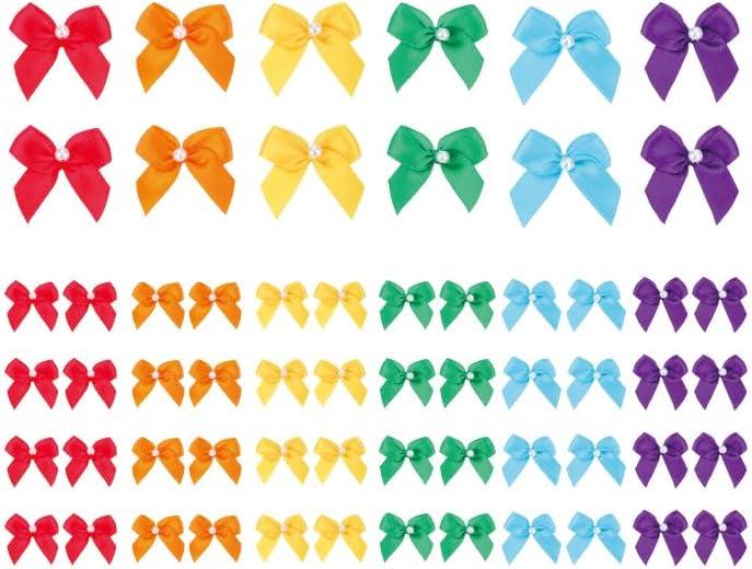 Meseey 60pcs Mini Ribbon Bows with Pearl Ribbon Flowers Appliques DIY Craft for Sewing, Scrapbooking, Wedding, Gift,Christmas Decoration (Rainbow) (1 Inch Satin Ribbon)