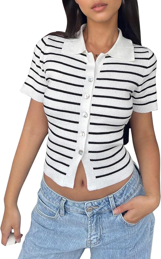 Women Short Sleeve Striped Knitted Tops Lapel Collared Button Down Cropped Cardigan Sweaters White (White, L)